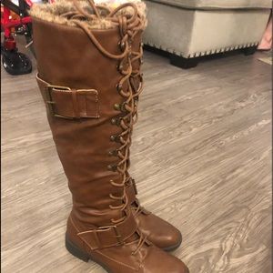 Knee-high Lace-Up Brown Flat Boots